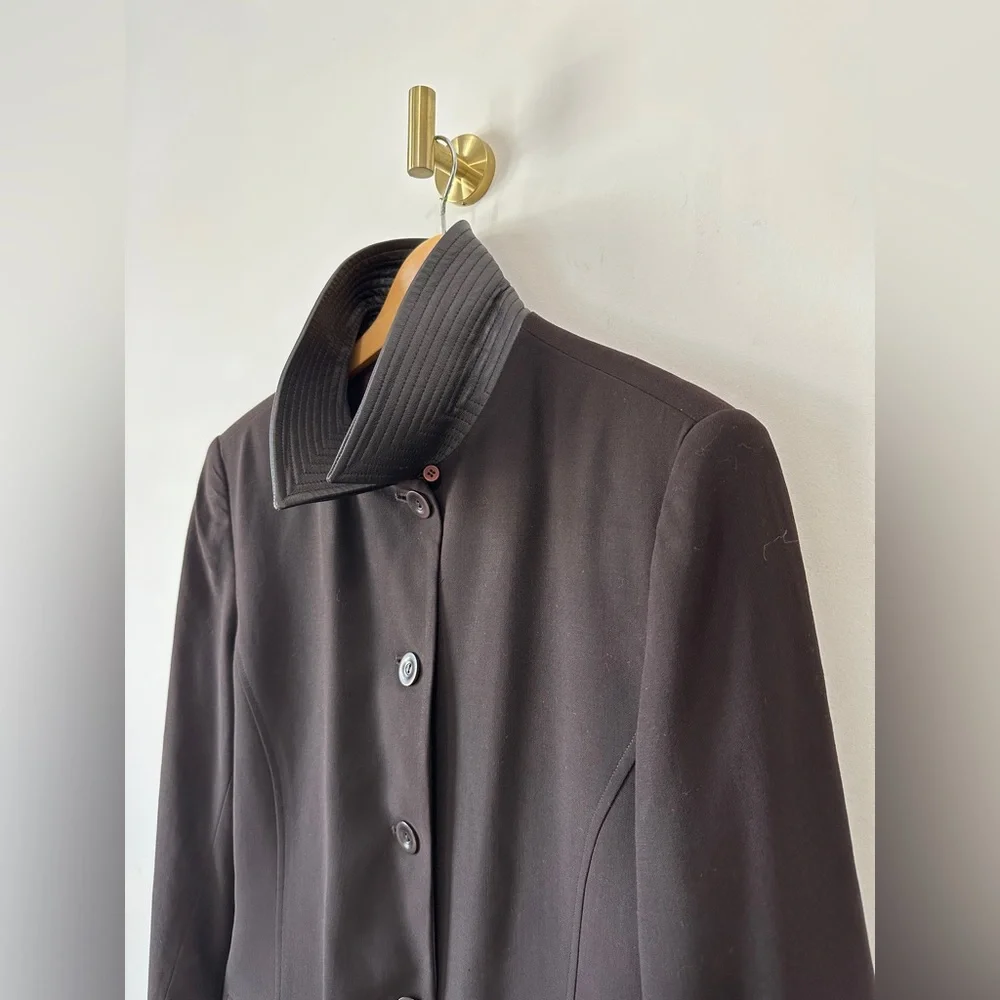 Vintage Brown Wool & Leather Contrast Blazer Jacket By Oscar De La Renta Size 14 - Picture 9 of 14